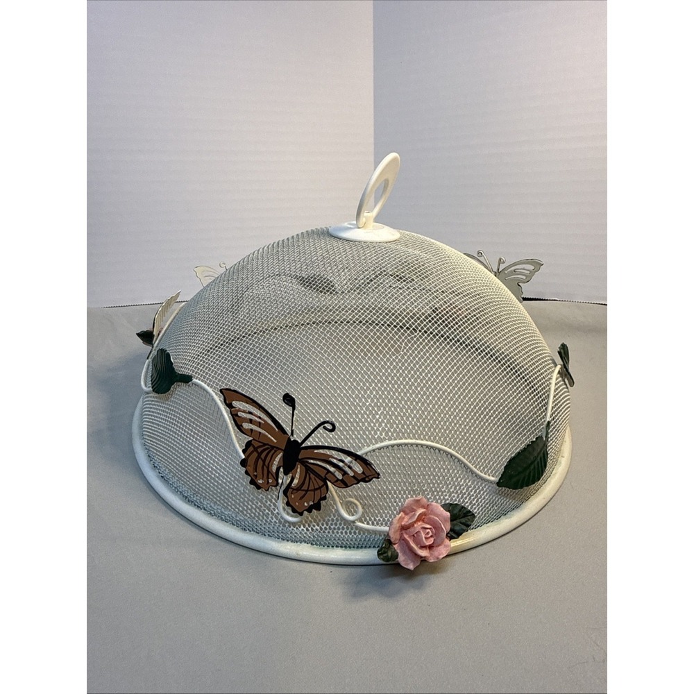 Vtg Metal Mesh Screen Picnic Food Dome Cover Hand Painted Rose Butterfly Shabby
